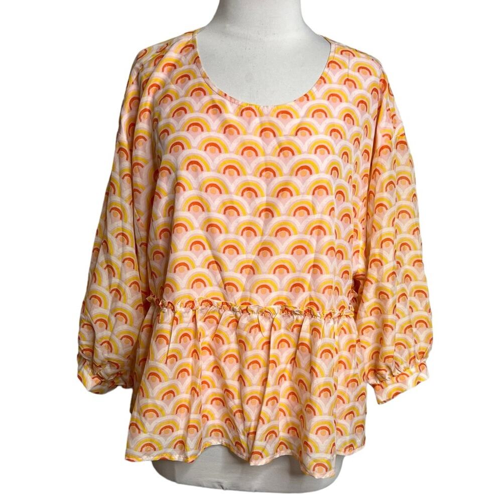 NWT J. Marie summer long sleeve top pink rainbow print balloon sleeve Sz M
